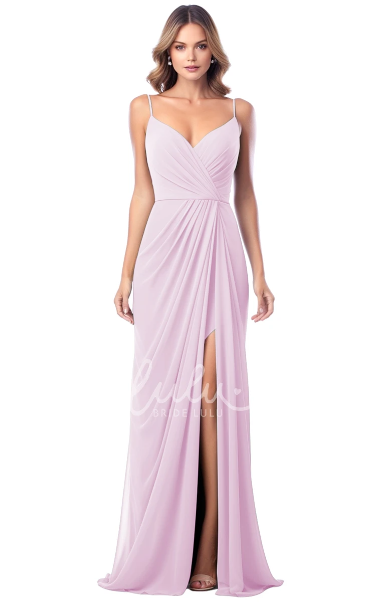 A-Line Satin V-neck Bridesmaid Dress with Split Front Simple & Elegant
