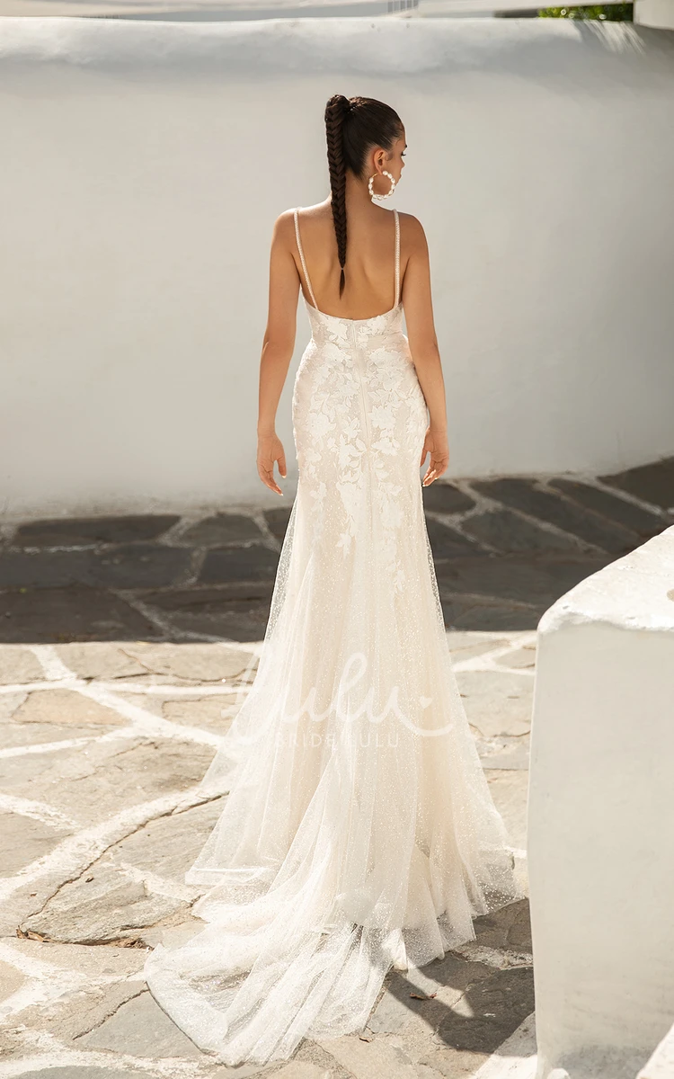 Plunging Neckline Trumpet Lace Ethereal Fairy Wedding Bride Dress with Chapel Train Backless