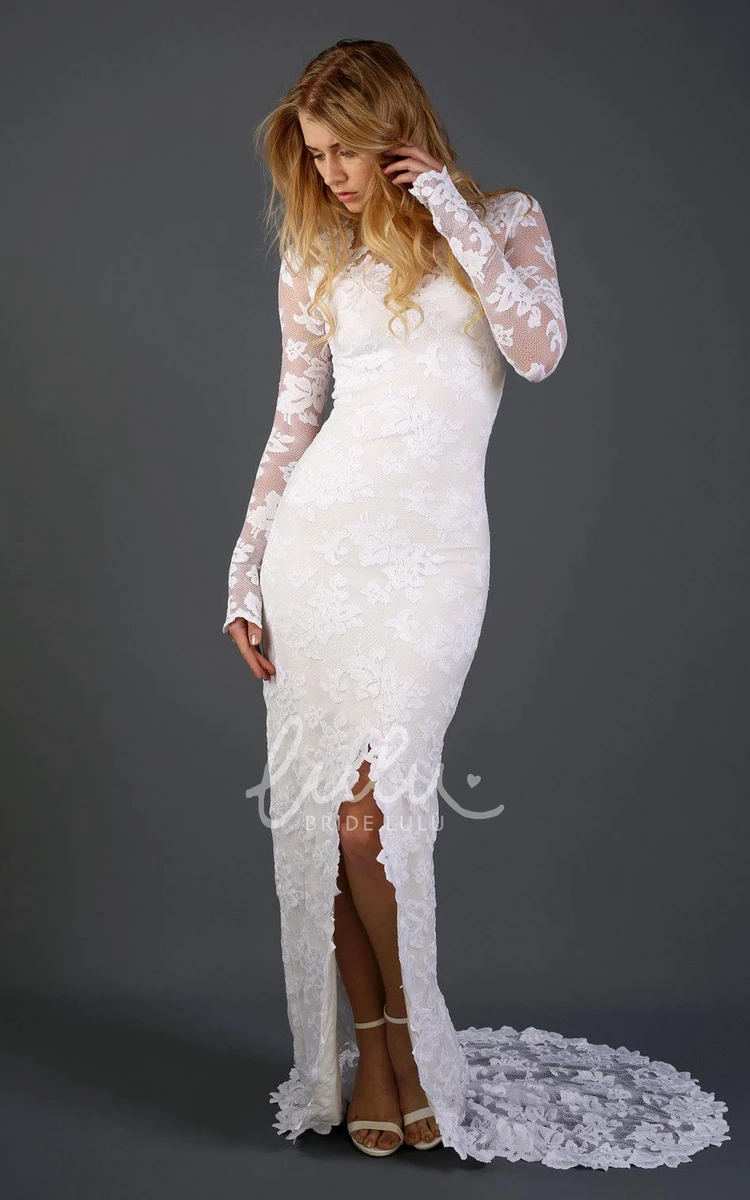 Lace Chapel Train Dress with Applique Flowers and Long Sleeves