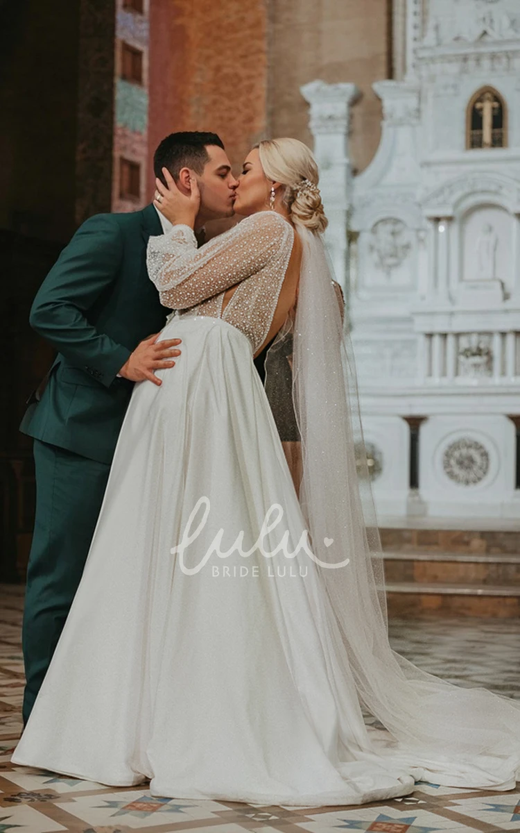2025 Modern Unique Plus Size A-Line Long Sleeve Wedding Dress Sexy Flowy Illusion Backless Satin Bridal Dress