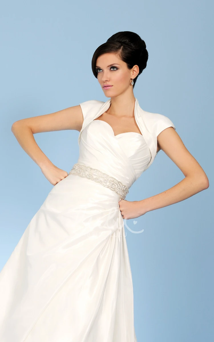 Cap-Sleeve Jeweled Taffeta Wedding Dress with Side Draping and Cape A-Line