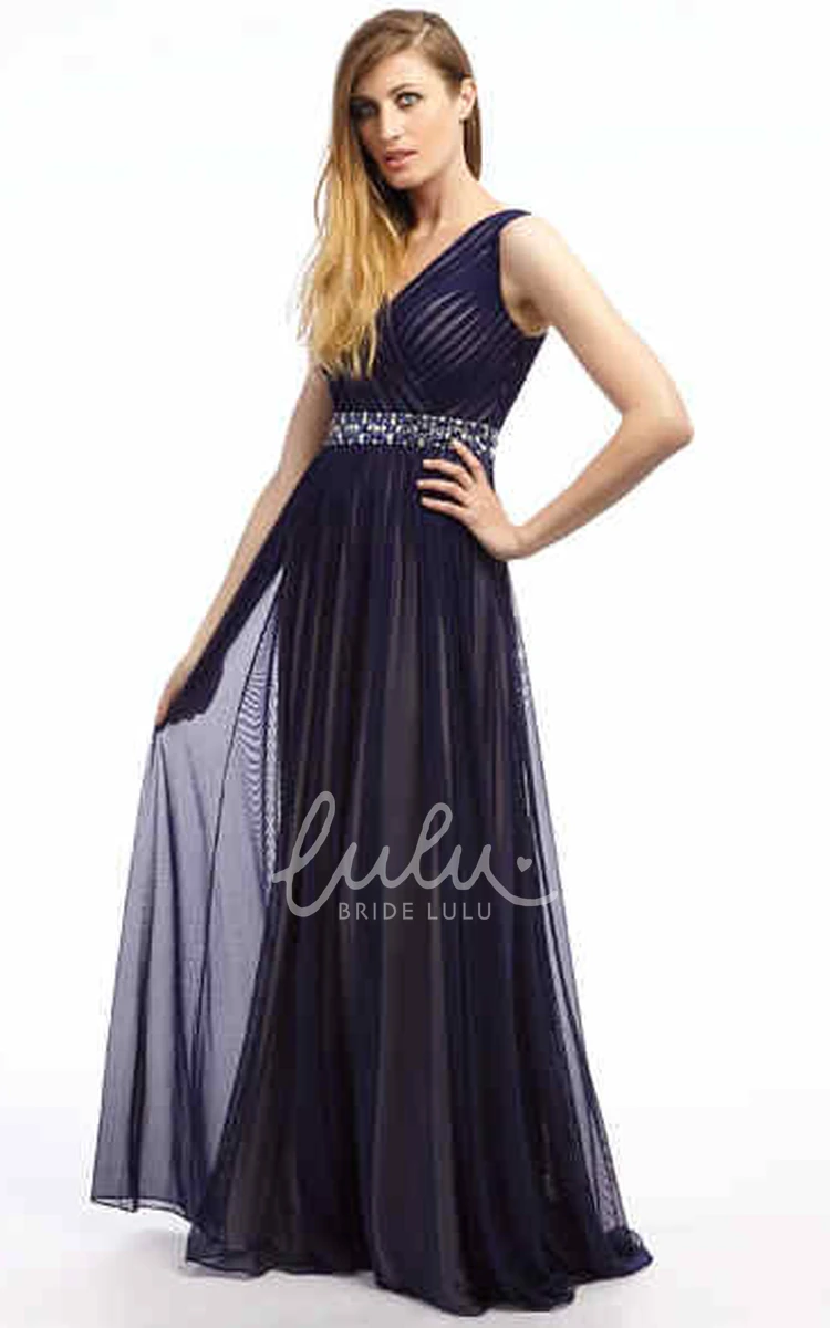 V-Neck Jeweled Tulle Prom Dress Sleeveless and Long