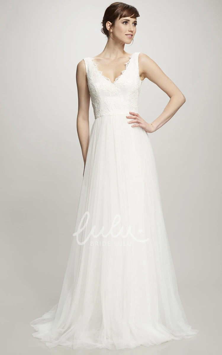 A-Line Tulle&Lace Deep-V Back Wedding Dress Sleeveless Brush Train