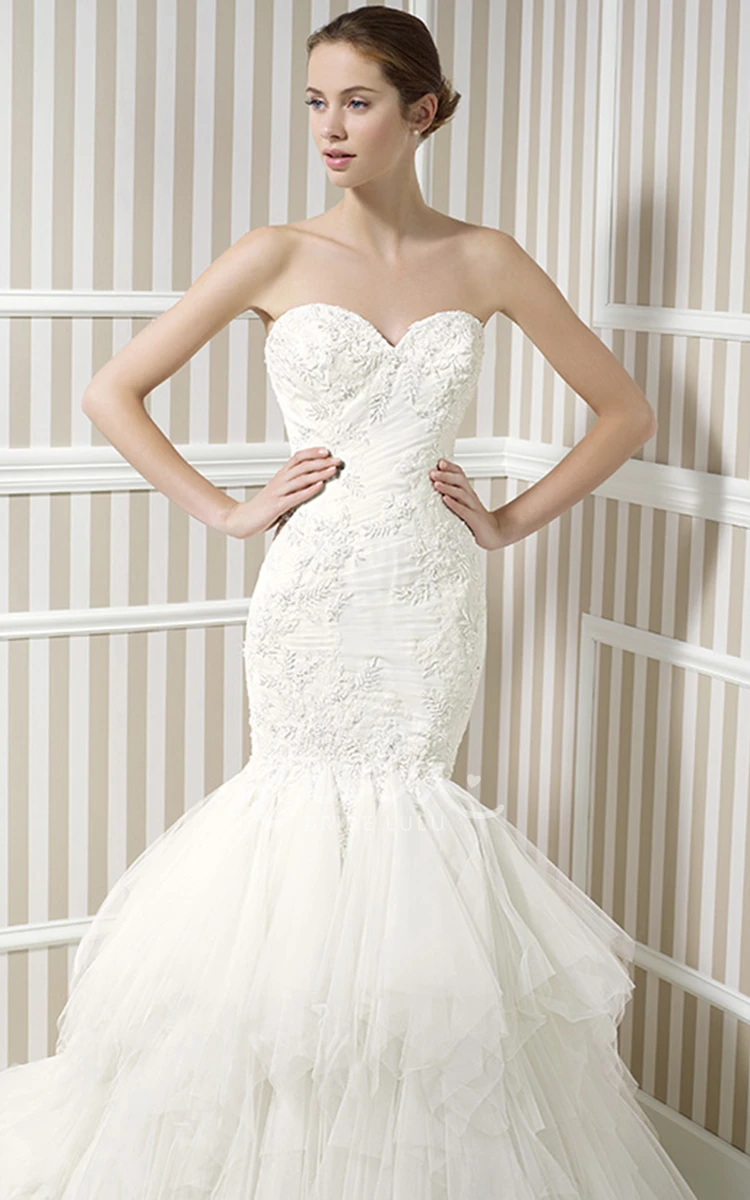 Sleeveless Trumpet Tulle Wedding Dress with Cascading Ruffles Appliques and Sweetheart Neckline