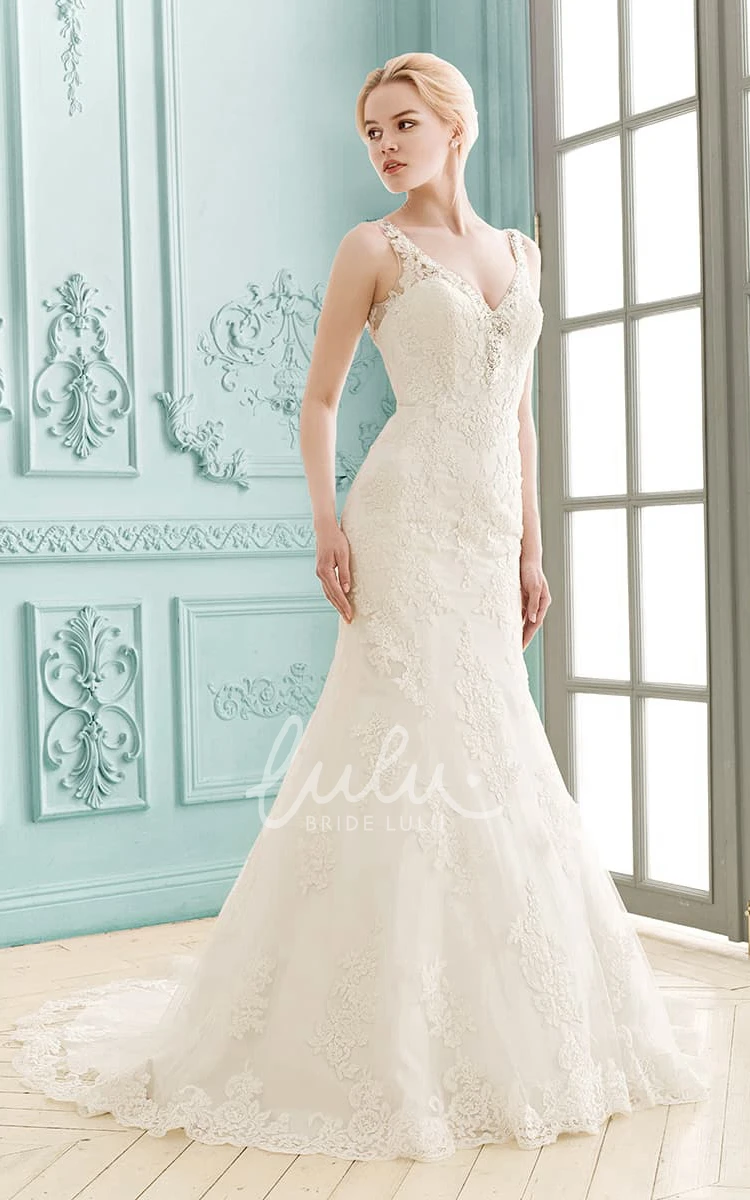 V-Neck Sheath Lace Wedding Dress with Crystal Detailing and Appliques