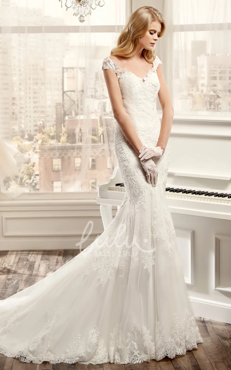 Mermaid Applique Brush Train Wedding Dress with Cap-Sleeves