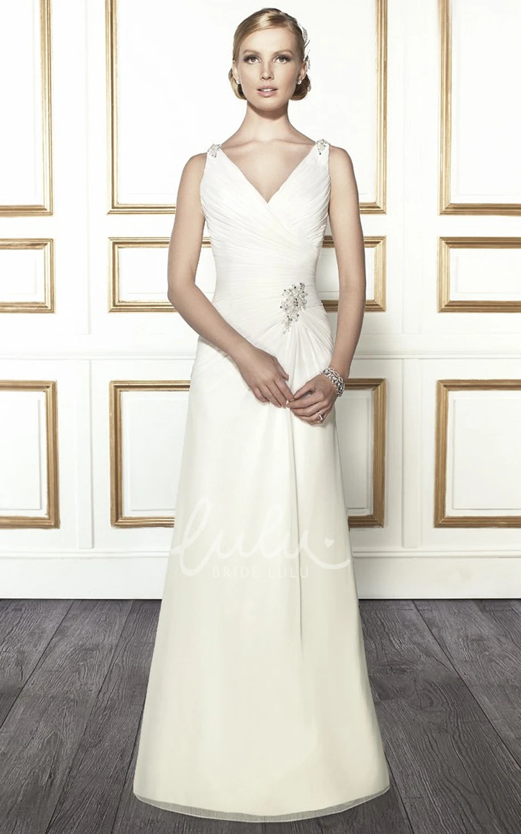 V-Neck Satin Wedding Dress with Epaulet and Low-V Back A-Line Floor-Length Bridal Gown