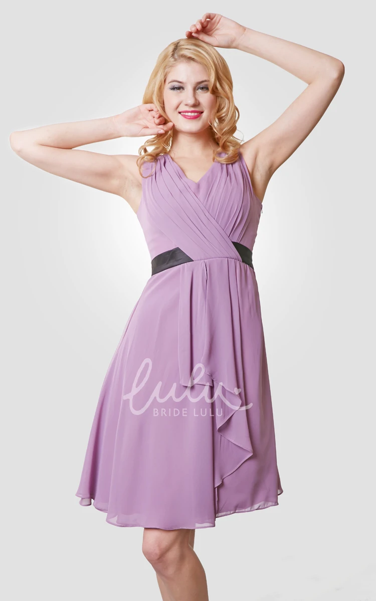 V-Neck Sleeveless Chiffon Dress With Pleats and Draping Knee Length