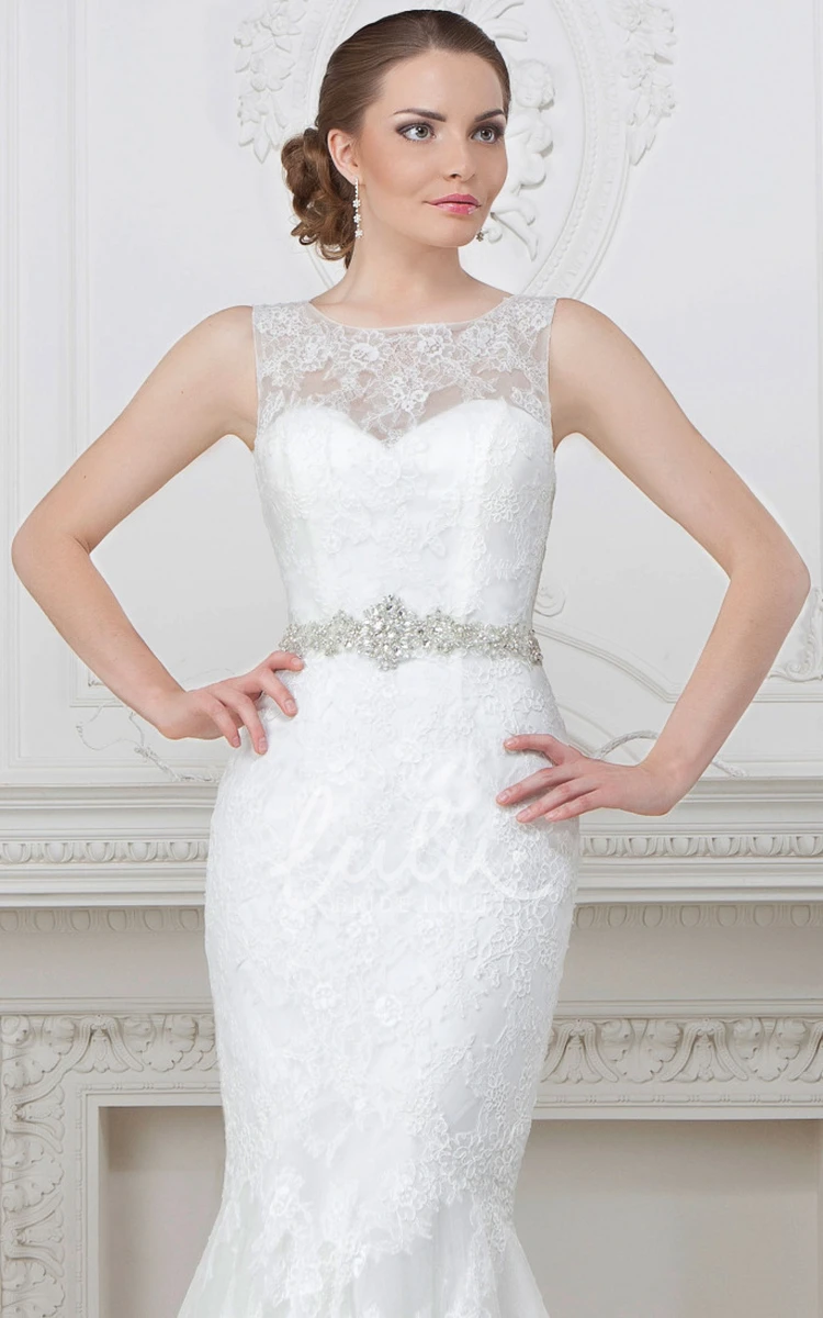 Sleeveless Satin Bateau-Neck Mermaid Wedding Dress with Waist Jewelry