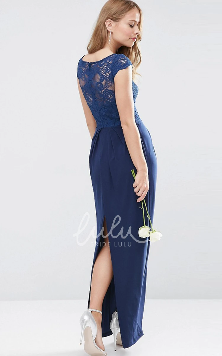 Maxi Chiffon Bridesmaid Dress with Appliques and Split Back in Cap-Sleeve Bateau-Neck Style