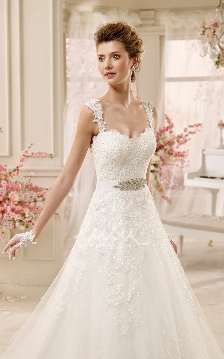 Beaded Waist A-line Wedding Dress with Square Neckline and Applique Straps