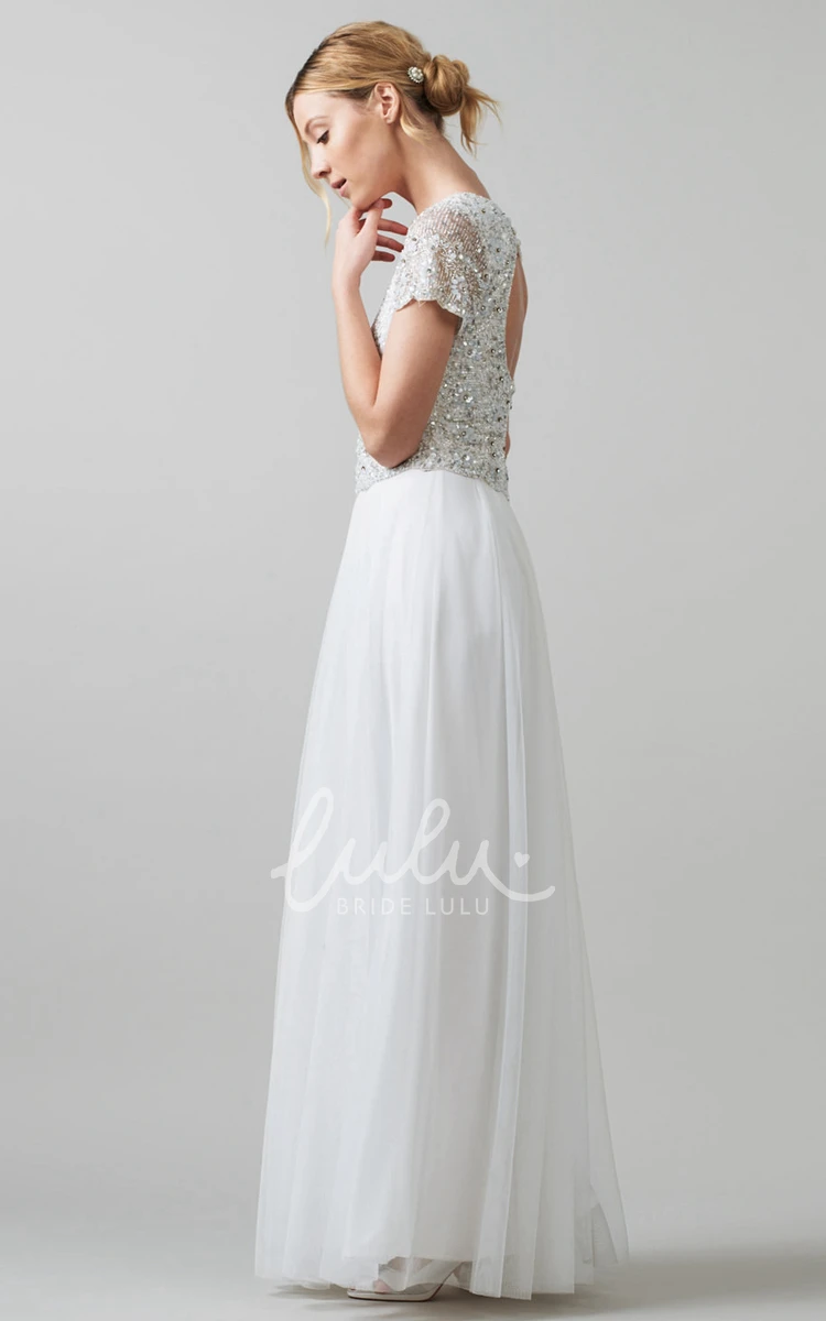 Tulle Wedding Dress with Beading Sheath V-Neck Sleeveless Sequined