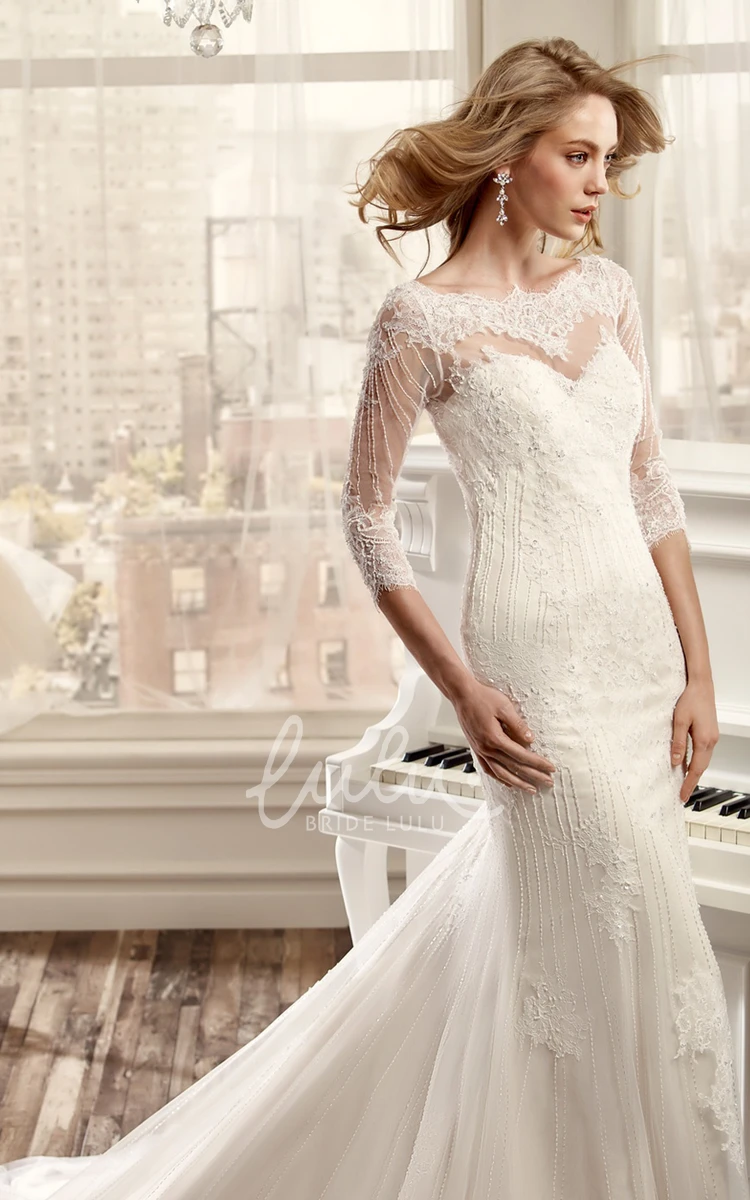 Sheath Tulle Beaded Wedding Dress with Illusion Back 3/4 Sleeve Bridal Gown