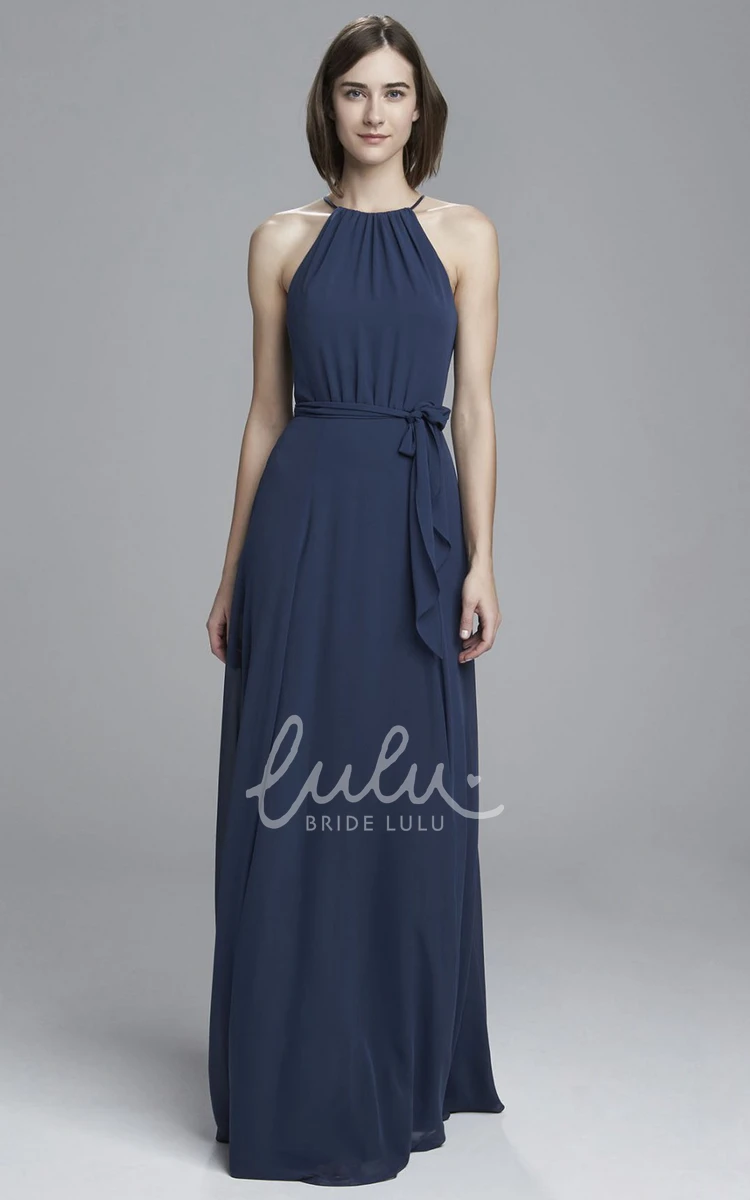 Ruched High-Neck Sheath Chiffon Bridesmaid Dress with Draping Sleeveless Floor-Length