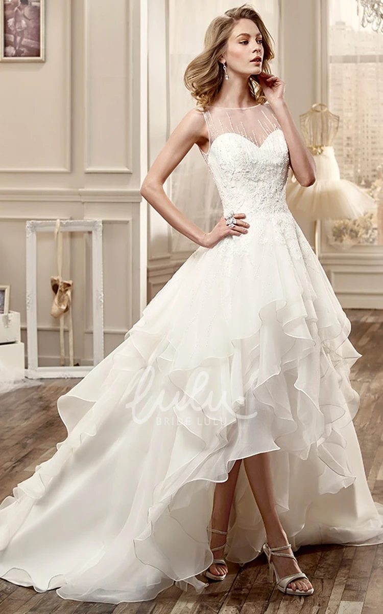 Jewel-Neck Cascading Ruffles Beaded Wedding Dress High-Low Style