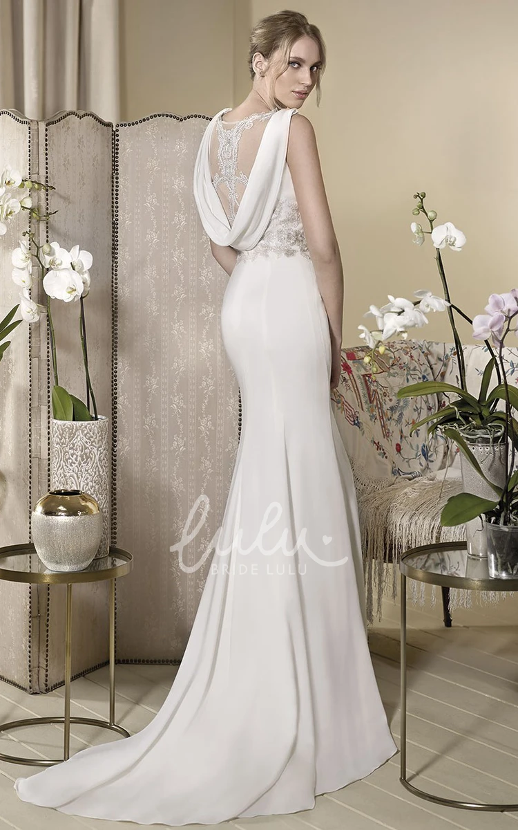 Appliqued V-Neck Sheath Wedding Dress with Sleeveless Floor-Length Design