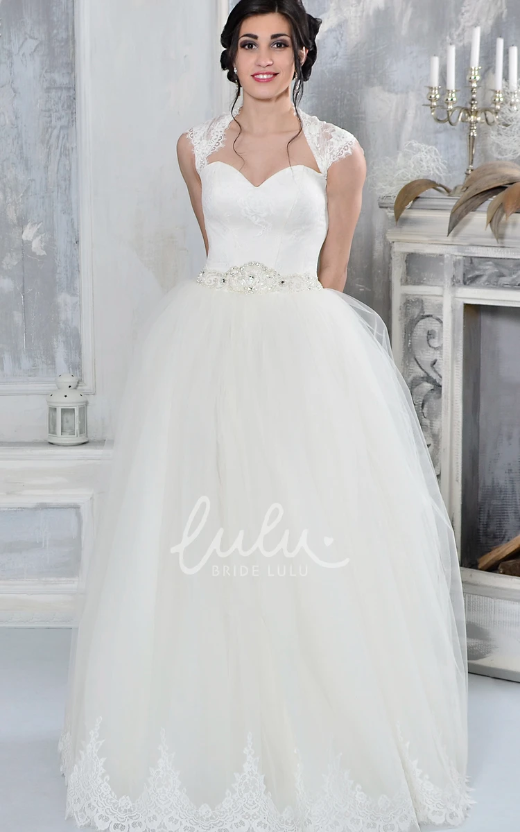 Queen-Anne Appliqued Tulle Wedding Dress with Waist Jewelry A-Line Maxi