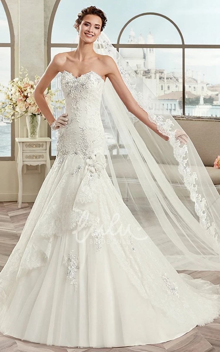 Mermaid Wedding Dress with Sweetheart Neckline Appliques and Asymmetrical Ruffles