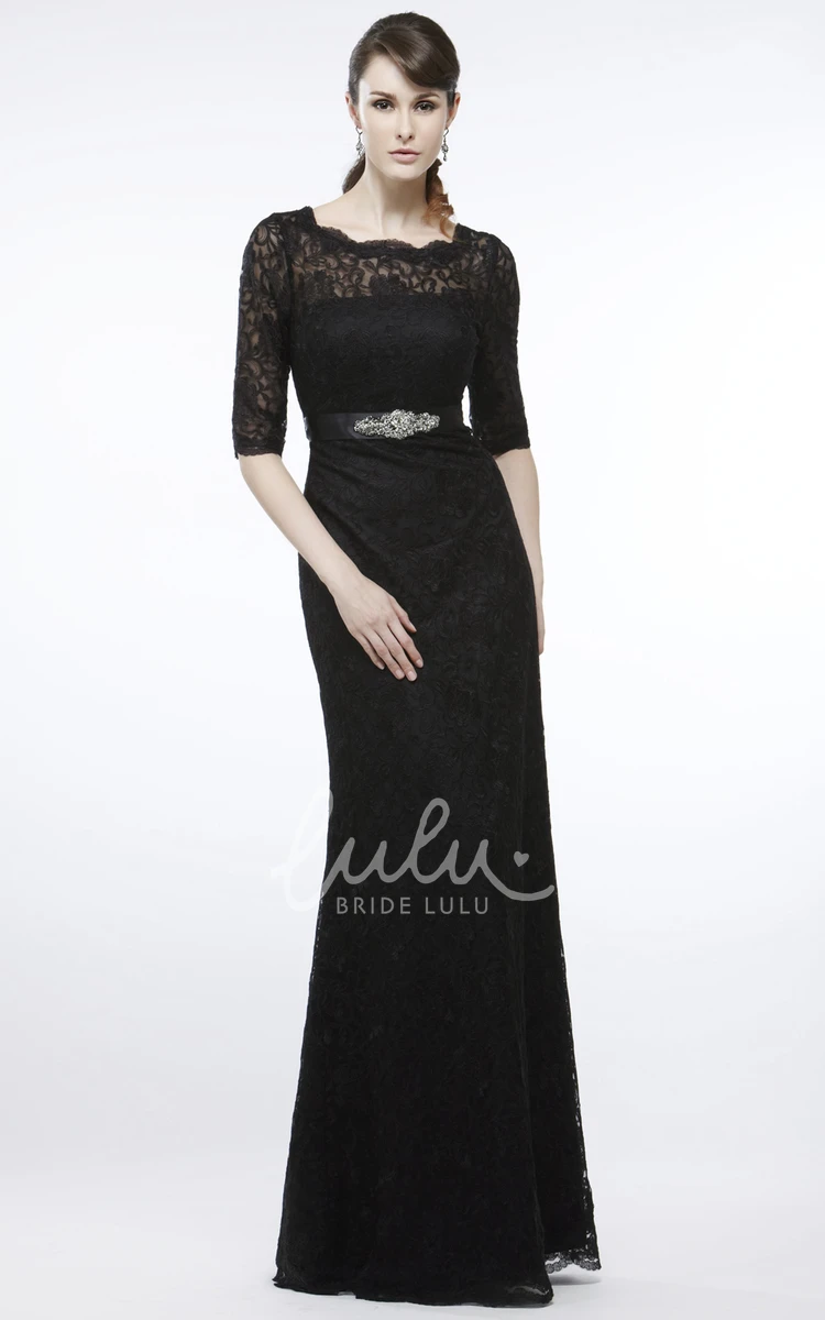 Jeweled Lace Prom Dress with Appliques and Ribbon Sheath Floor-Length Half-Sleeve Bateau-Neck Dress