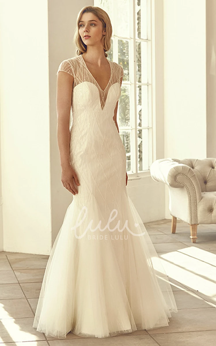 Beaded Tulle V-Neck Wedding Dress with Cap Sleeves Elegant Bridal Gown