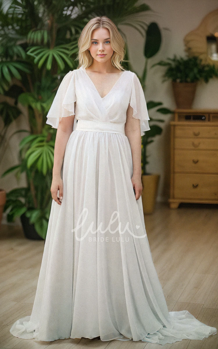 A-Line V-neck Floor-length Simple Solid Chiffon Wedding Dress Vintage Elegant Half Sleeve Backless Zipper Bridal Gown