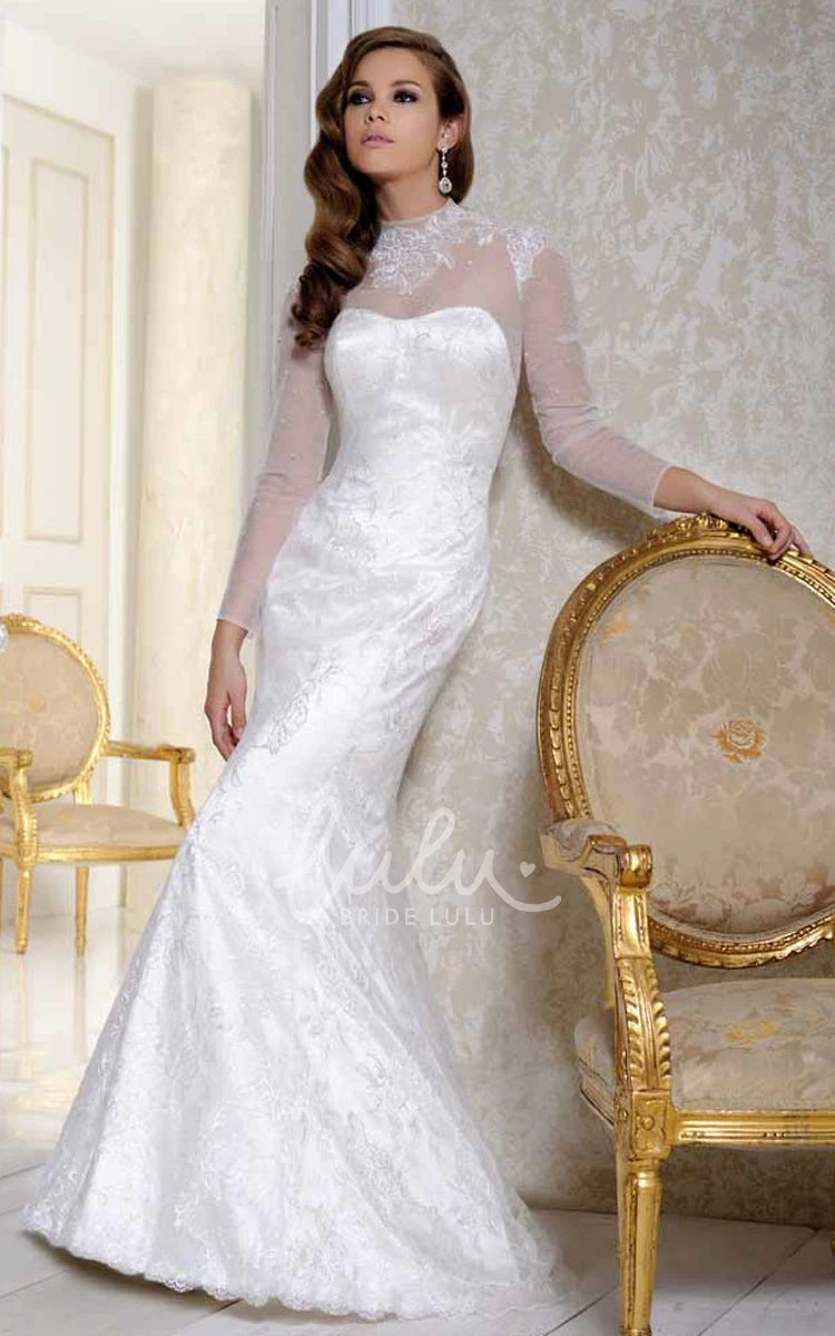 Long-Sleeve Satin Wedding Dress with High Neckline and Appliques Classic Bridal Gown