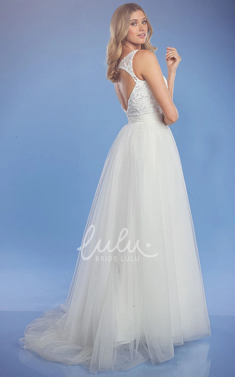 Tulle Appliqued Wedding Dress with Broach and Keyhole Back A-Line Style