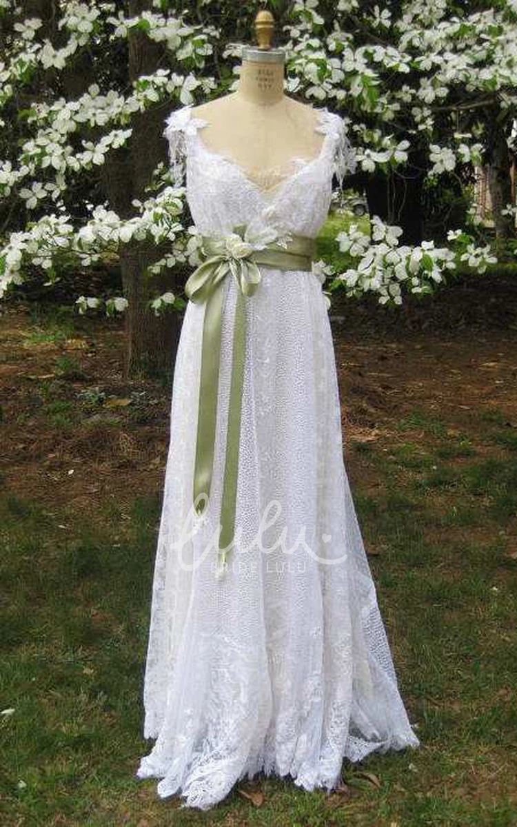 A-Line Hippie Lace Wedding Dress with Bow Boho A-Line Lace Wedding Dress