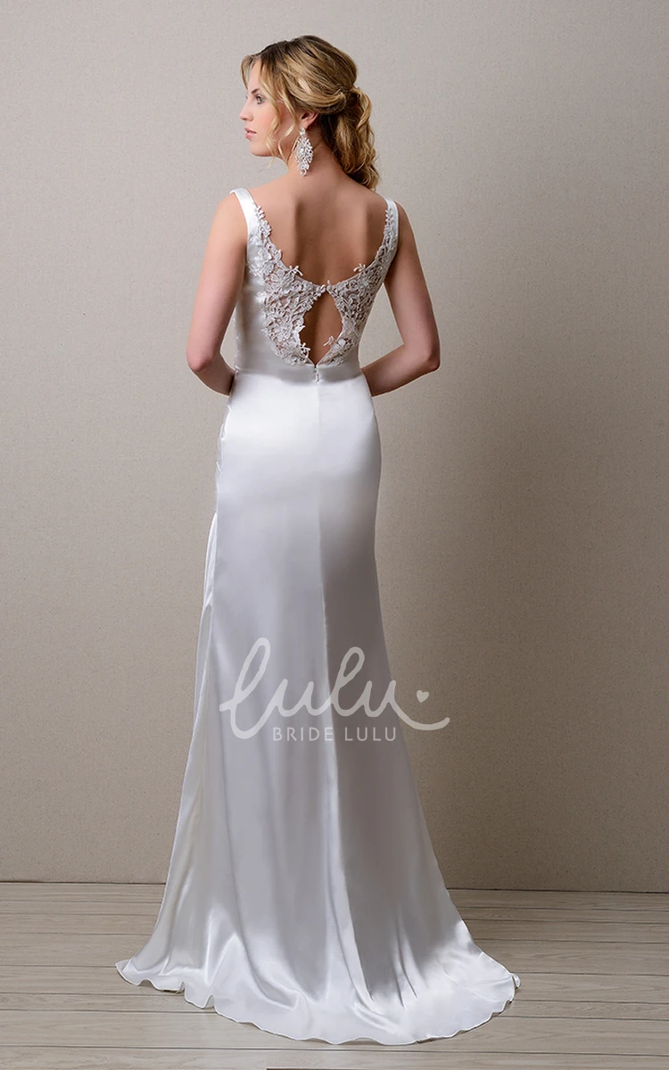 Sleeveless Satin Sheath Wedding Dress with Ruched Detail and Lace Embellishment