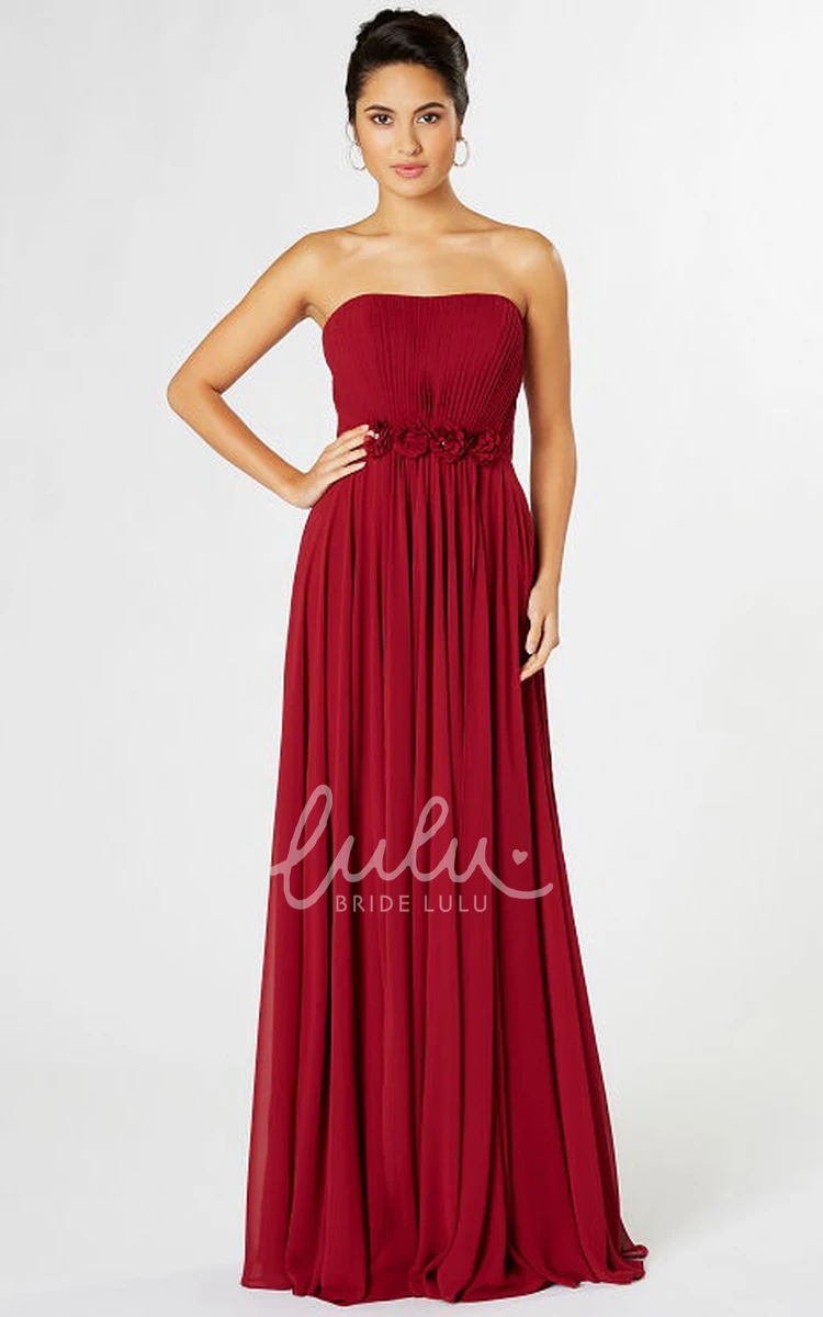 Ruched Strapless Chiffon Bridesmaid Dress Flower & Pleats Knee Length