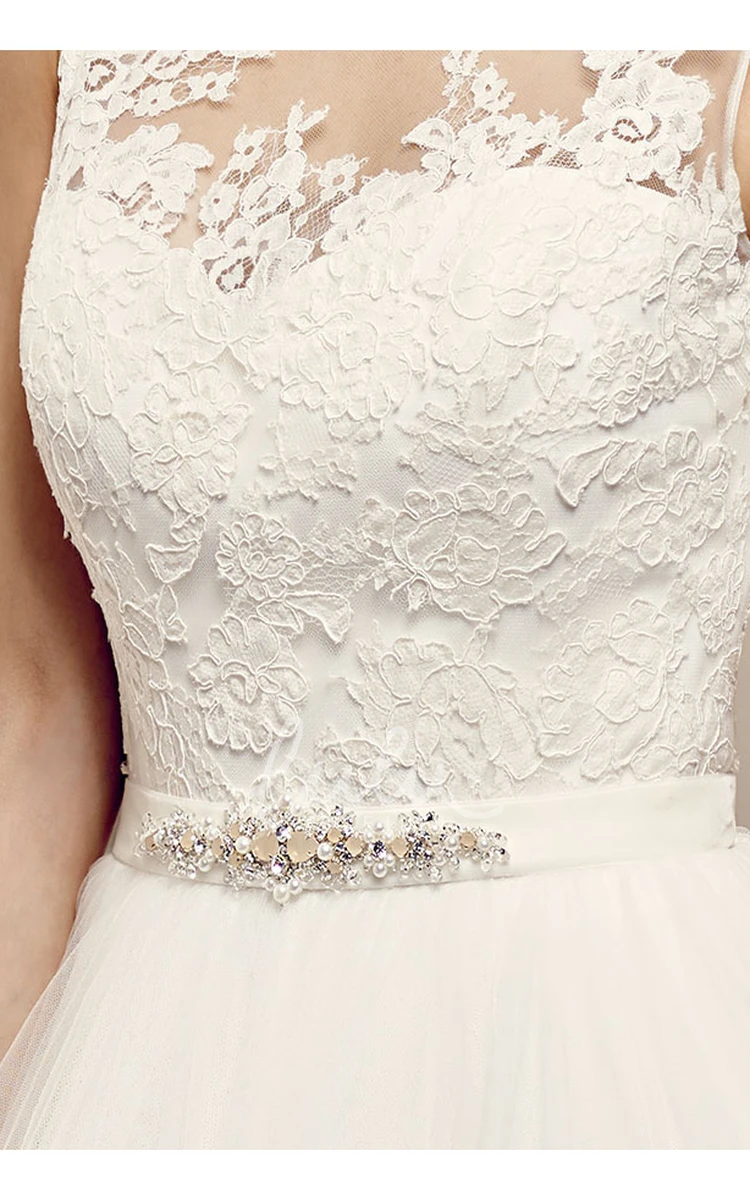 Bateau Appliqued Tulle A-Line Wedding Dress with Pleats