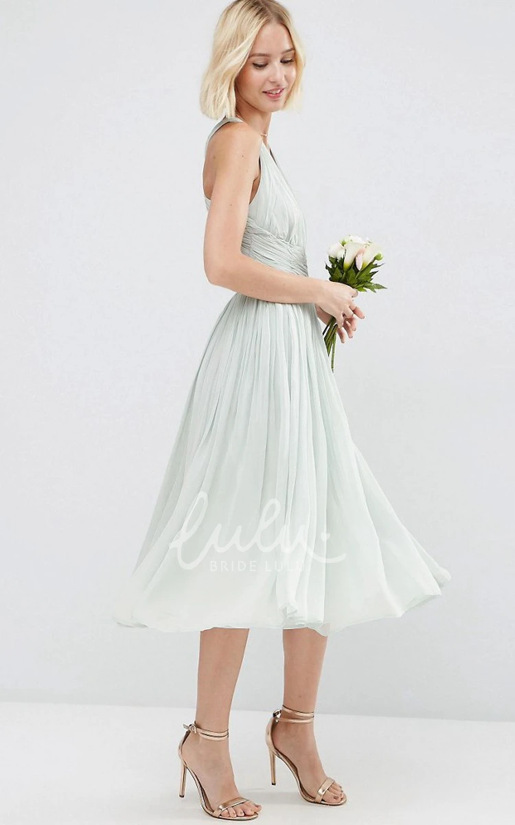 Knee-Length Chiffon Bridesmaid Dress V-Neck Sleeveless with Ruching and Straps