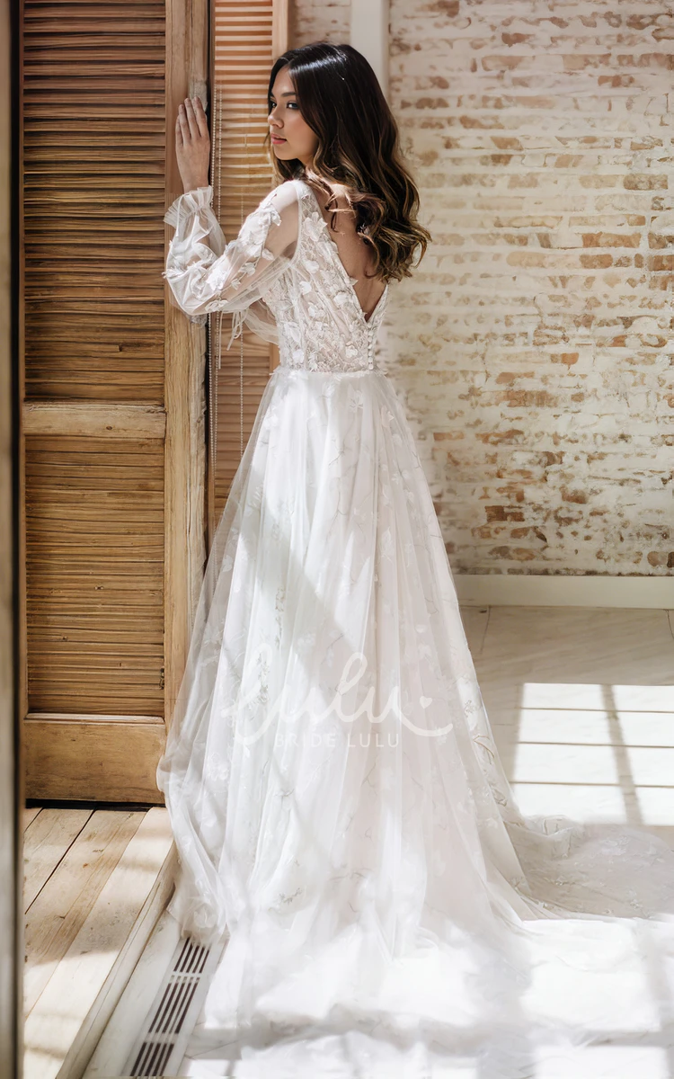 Romantic Airy Long Sleeve Bohemian Lace A-Line Wedding Dress Flowy Sexy V-Neck Backless Beach Garden Bridal Gown with Court Train