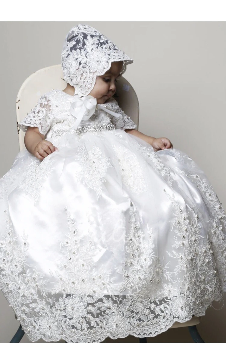 Charming Lace Applique Christening Dress with Beaded Belt