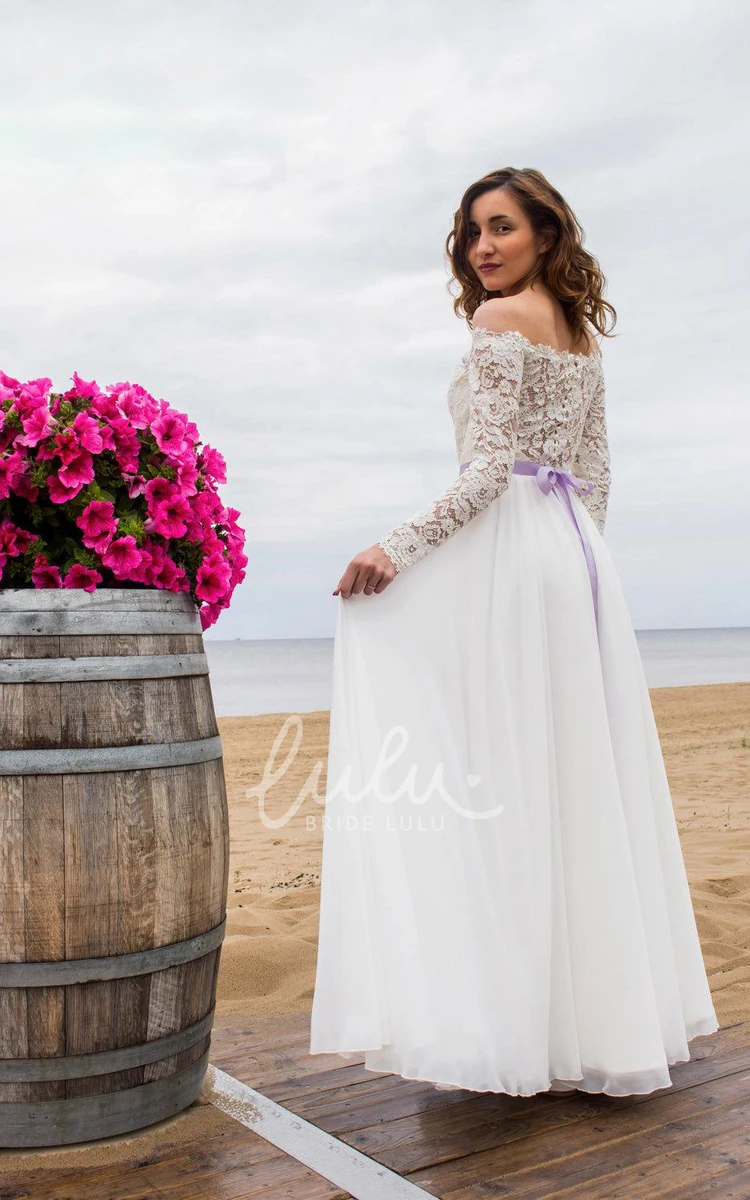 Long Sleeve Wedding Dress Off-Shoulder Chiffon Skirt Sheer Back Modern