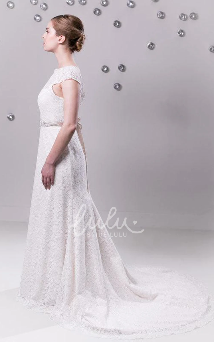 Lace Wedding Gown with Beaded Waist and Illusion Neckline in Long Length