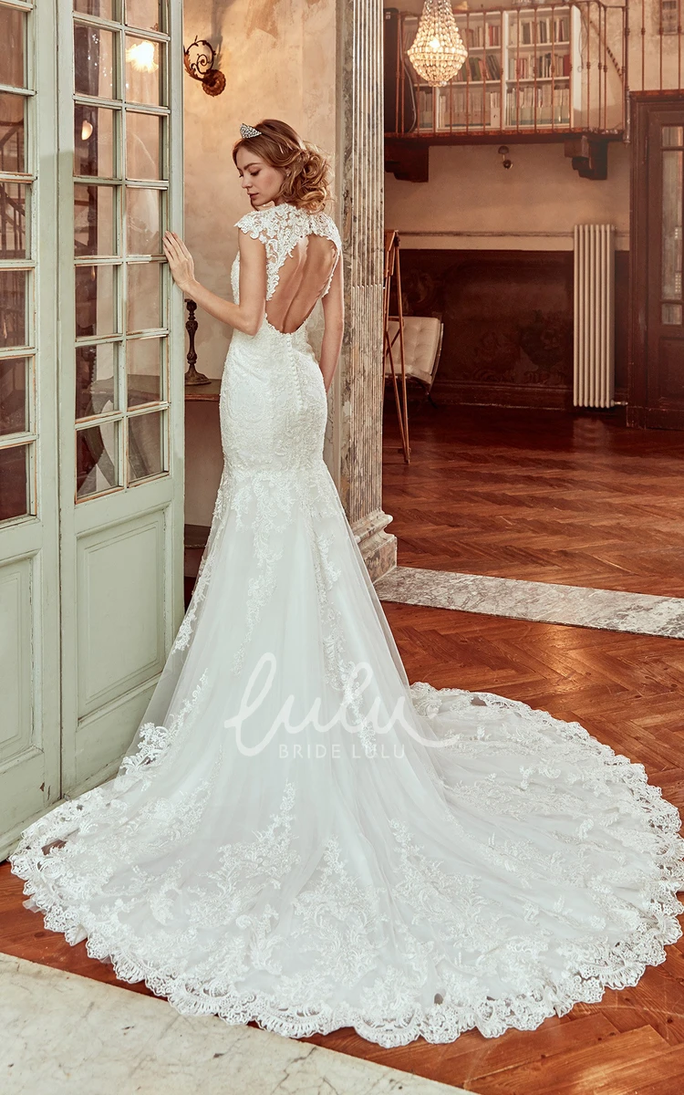 Sheath Lace Wedding Dress with Cap-Sleeve Brush Train and Open Back Modern Wedding Dress Women