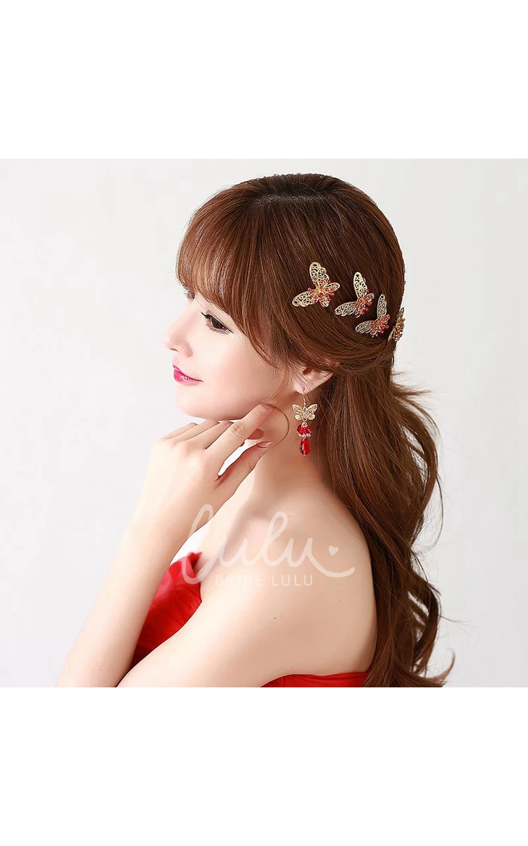 Chinese Cheongsam Wedding Hair Accessories Set with Red Hairpin U-Shaped Clip and Plate