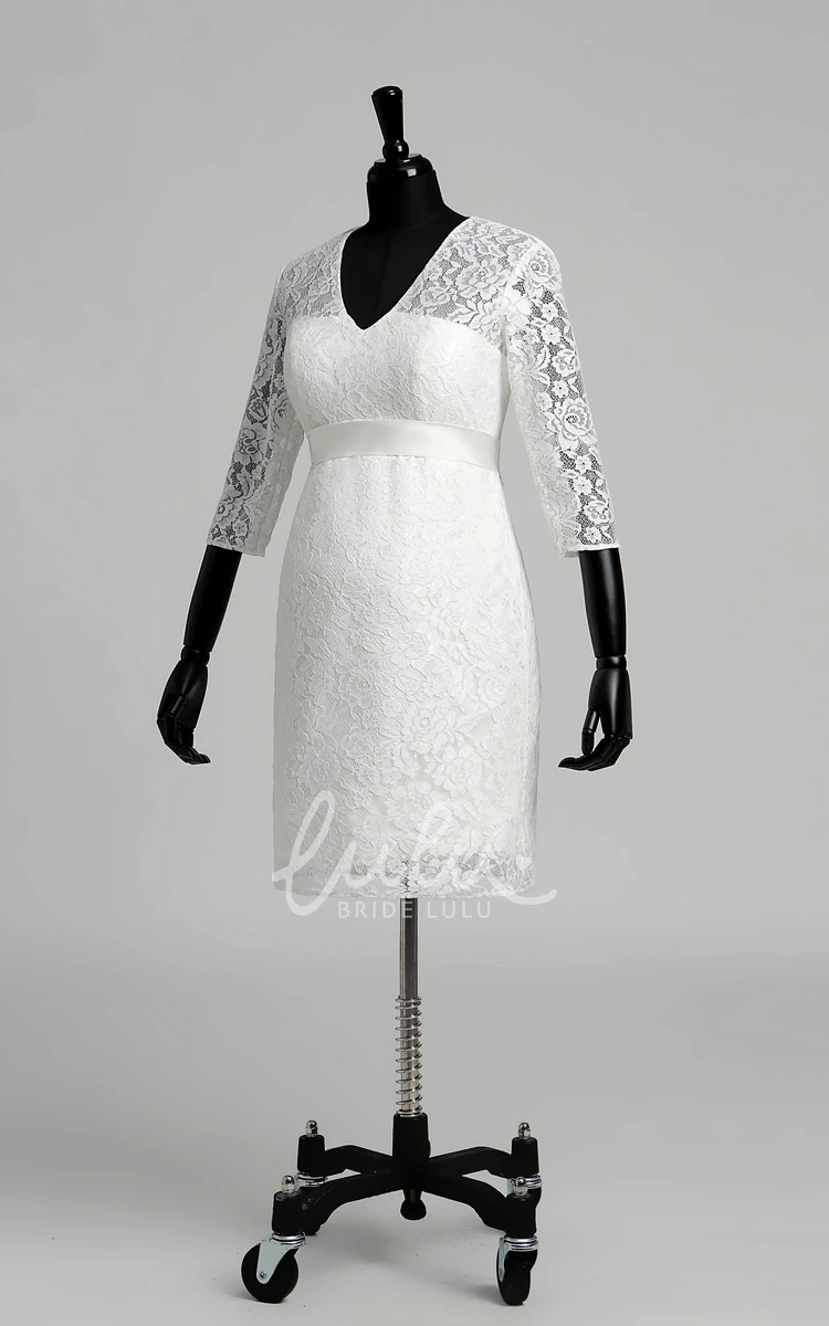 Maternity Wedding Dress Lace A-line V-neck Illusion 3/4 Length Sleeve Ruched