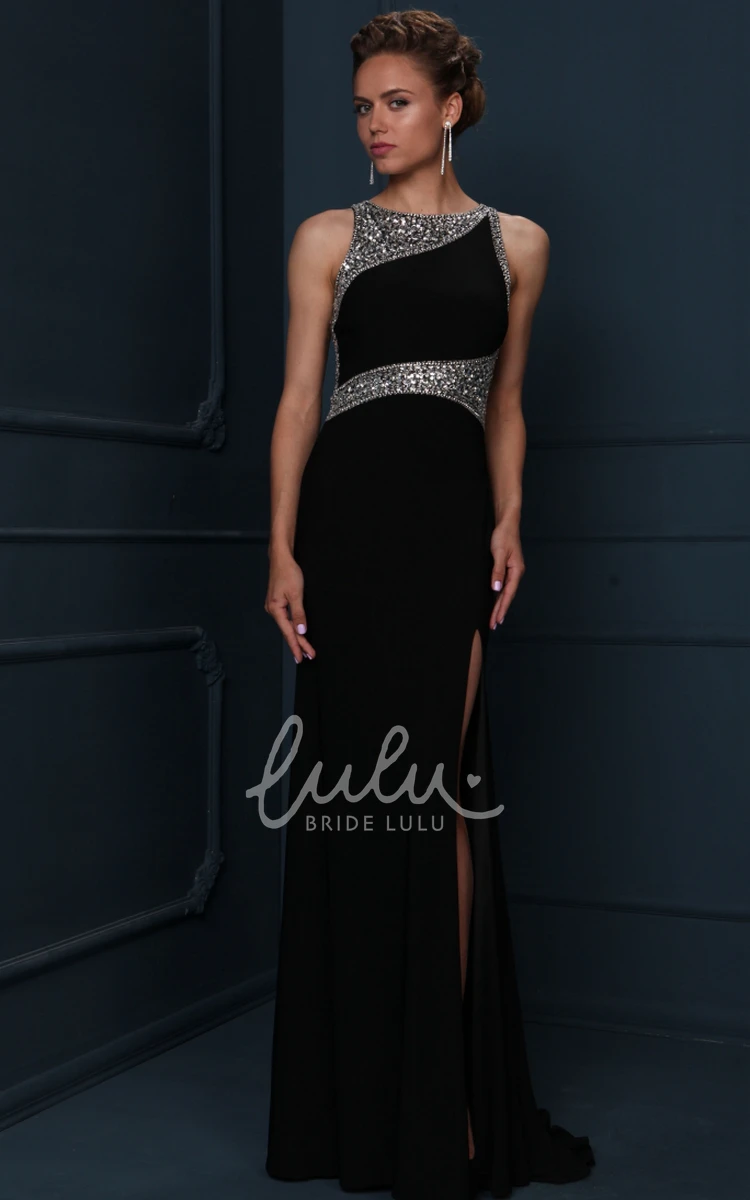 Scoop-Neck Beaded Jersey Evening Dress with Split Front in Sheath Style and Sleeveless