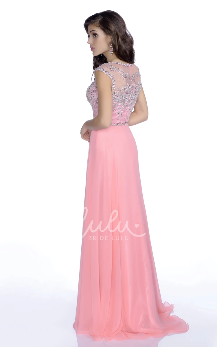 Rhinestone Bodice A-Line Chiffon Formal Dress with Cap Sleeves