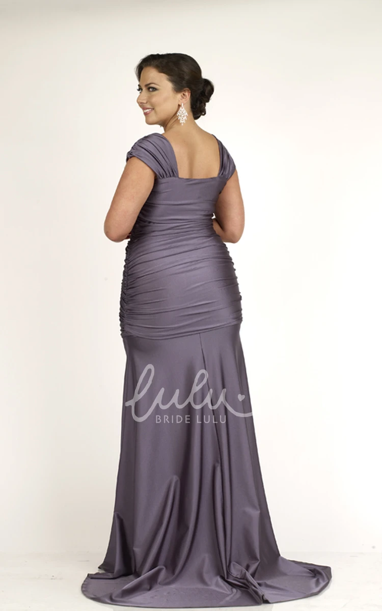 Cap-Sleeve Jersey Sheath Formal Dress with Ruching and Broach Sweep Train
