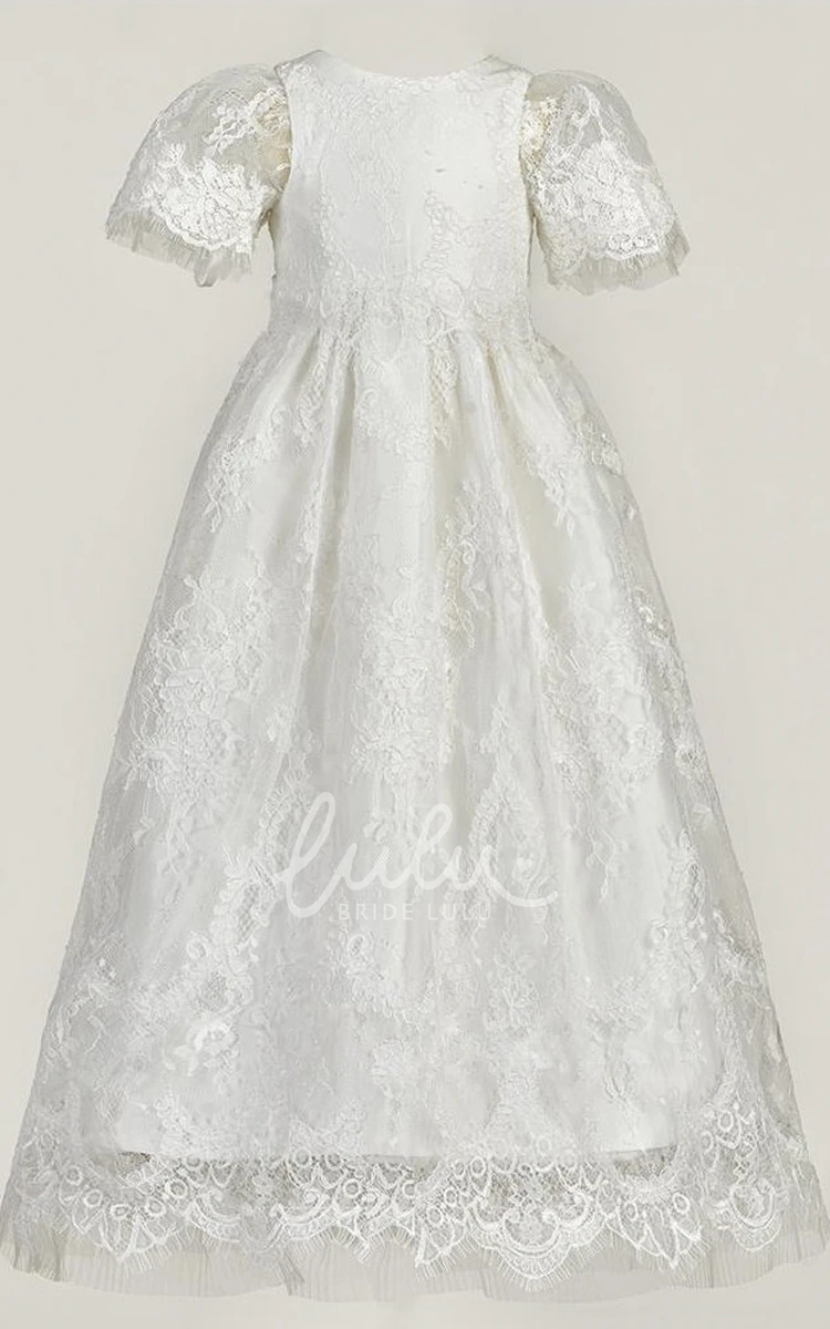 Lace Illusion Christening Dress with Zipper Back and Puff Sleeves