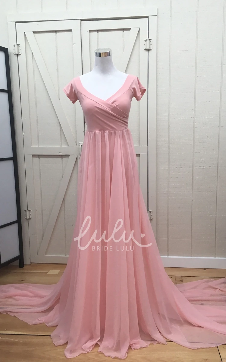 A-Line Short Sleeve Maternity Bridesmaid Dress with Court Train