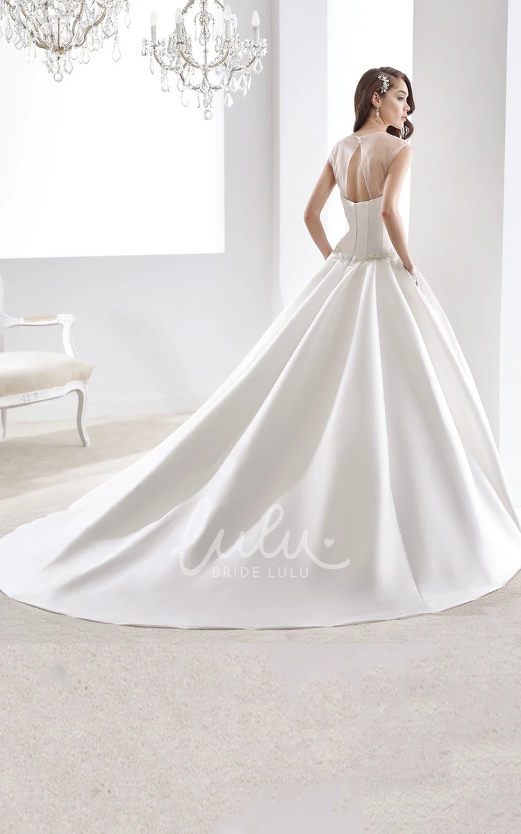 Illusion Satin A-line Wedding Dress with Beaded Belt and Keyhole Back Elegant Bridal Gown