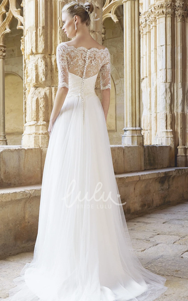 A-Line Lace Bateau Neck Tulle Wedding Dress Floor-Length Half Sleeve