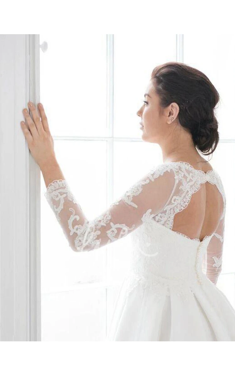 Keyhole Back Tea-Length Wedding Dress with Illusion Sleeves