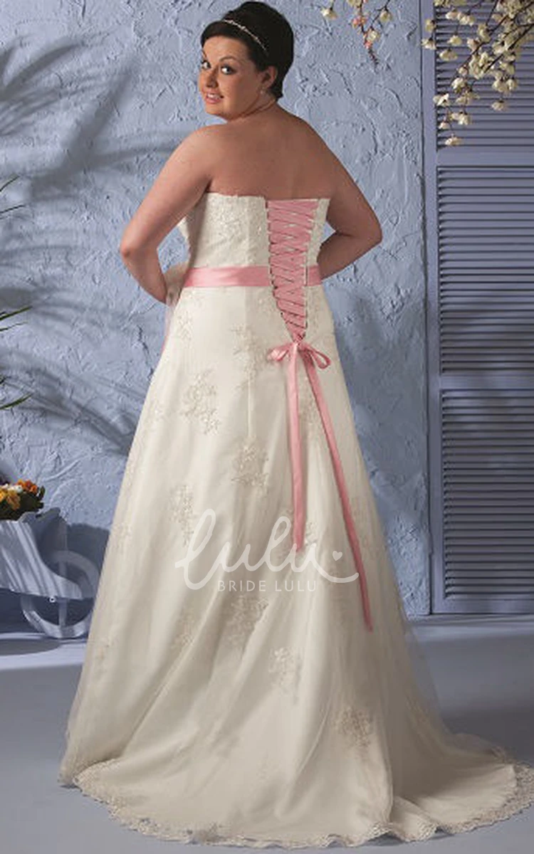 Lace-Up Bridal Gown with Removable 3-4 Sleeve Jacket and Pink Floral Sash