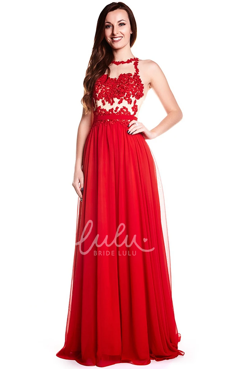 Sleeveless High Neck Appliqued Chiffon Prom Dress with Illusion Back Elegant Prom Dress 2025