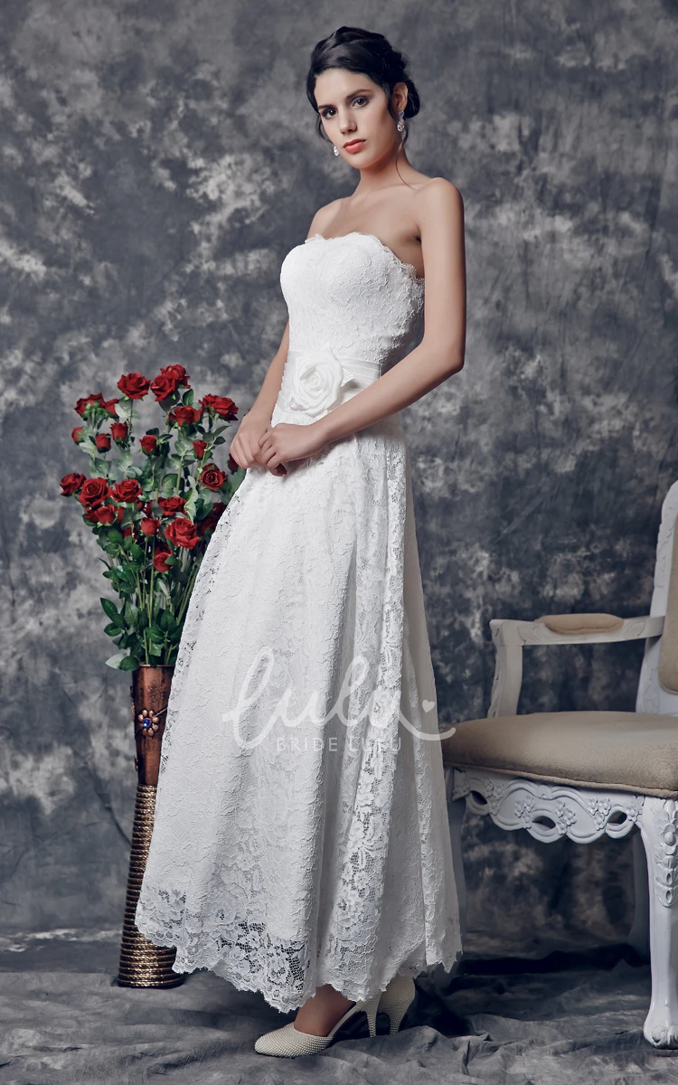 Ankle Length Lace Wedding Dress with Elegant Strapless Design and Flower